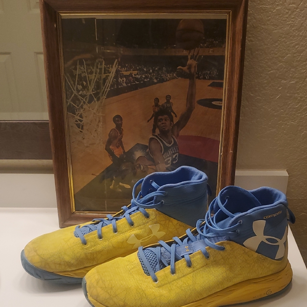 Under Armour Blue and Yellow High-Tops Picture is a prop. Shoes only